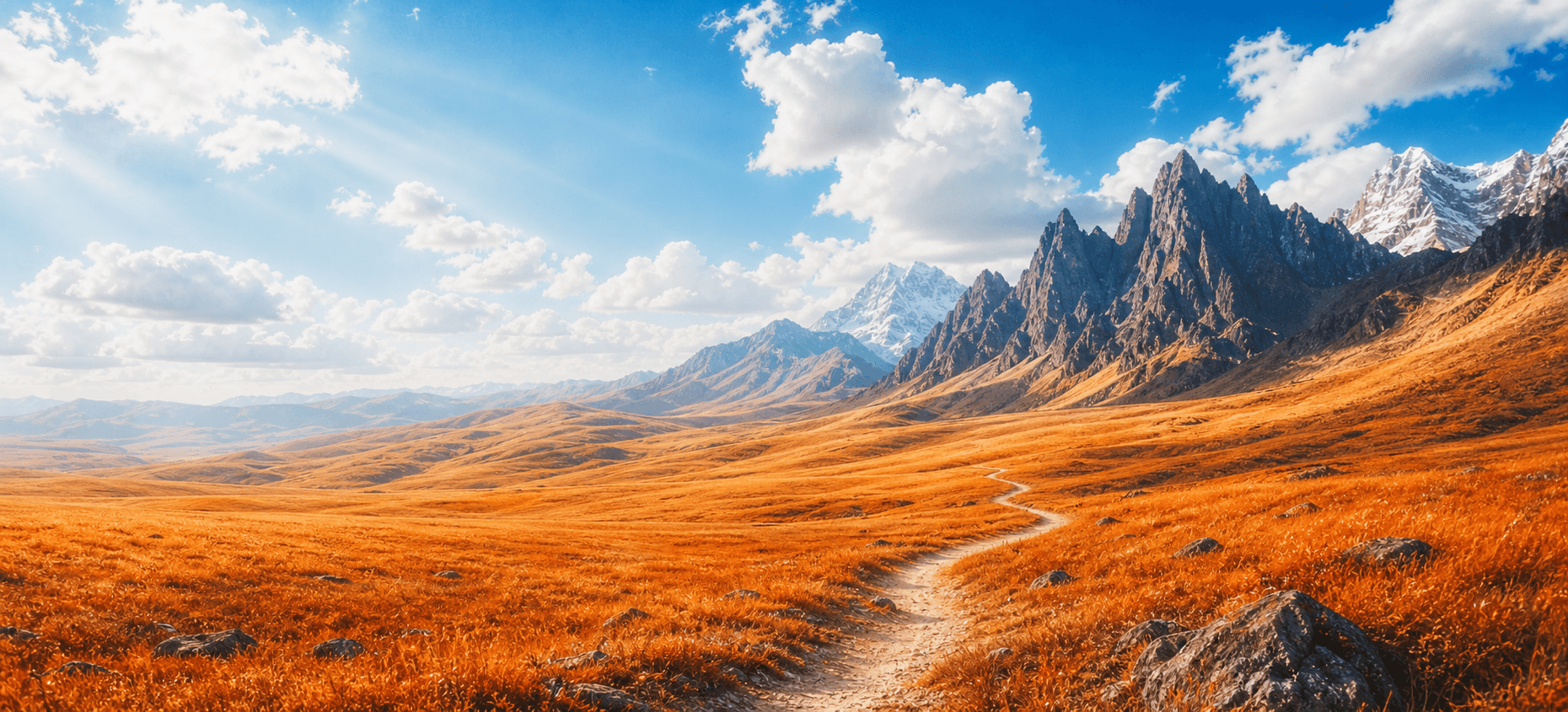 A winding path crossing an orange alpine valley toward monumental mountain peaks